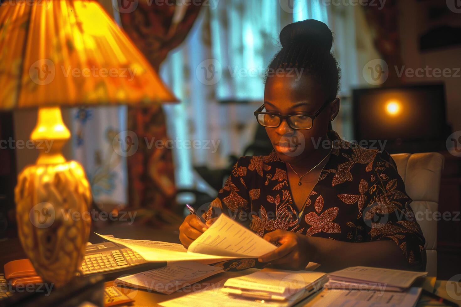 Black woman with glasses working on paperwork at home by the warm light of a desk lamp photo