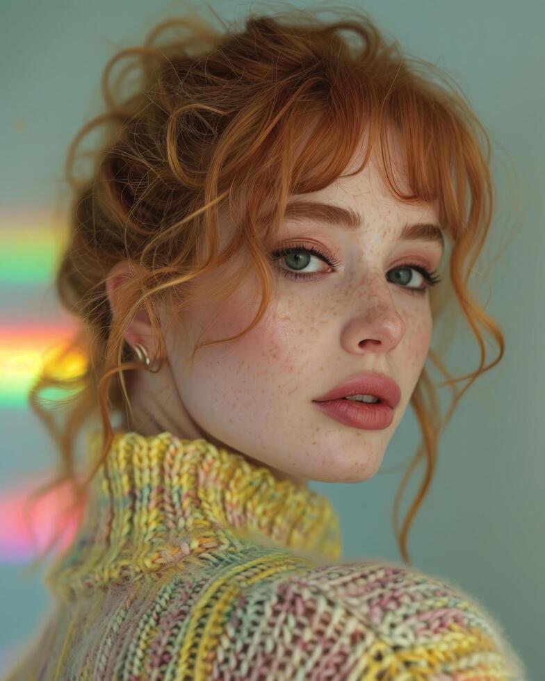 Soft portrait of a red-haired woman with freckles, glowing in natural light photo