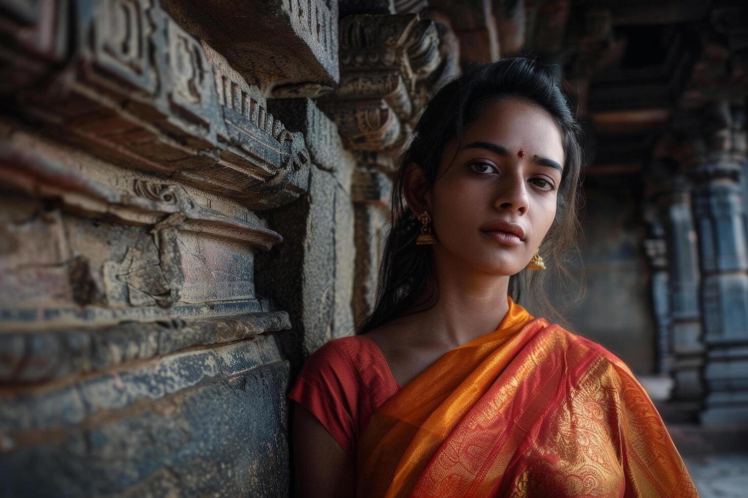 Traditional Indian woman in a vibrant orange saree, standing against an ancient temple backdrop photo