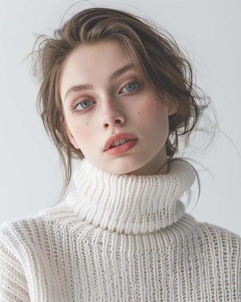 Soft Portrait of a Woman in a White Turtleneck Sweater, Minimalist Style photo