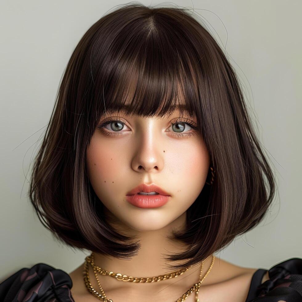retrato de un joven mujer con Derecho marrón pelo y golpes foto