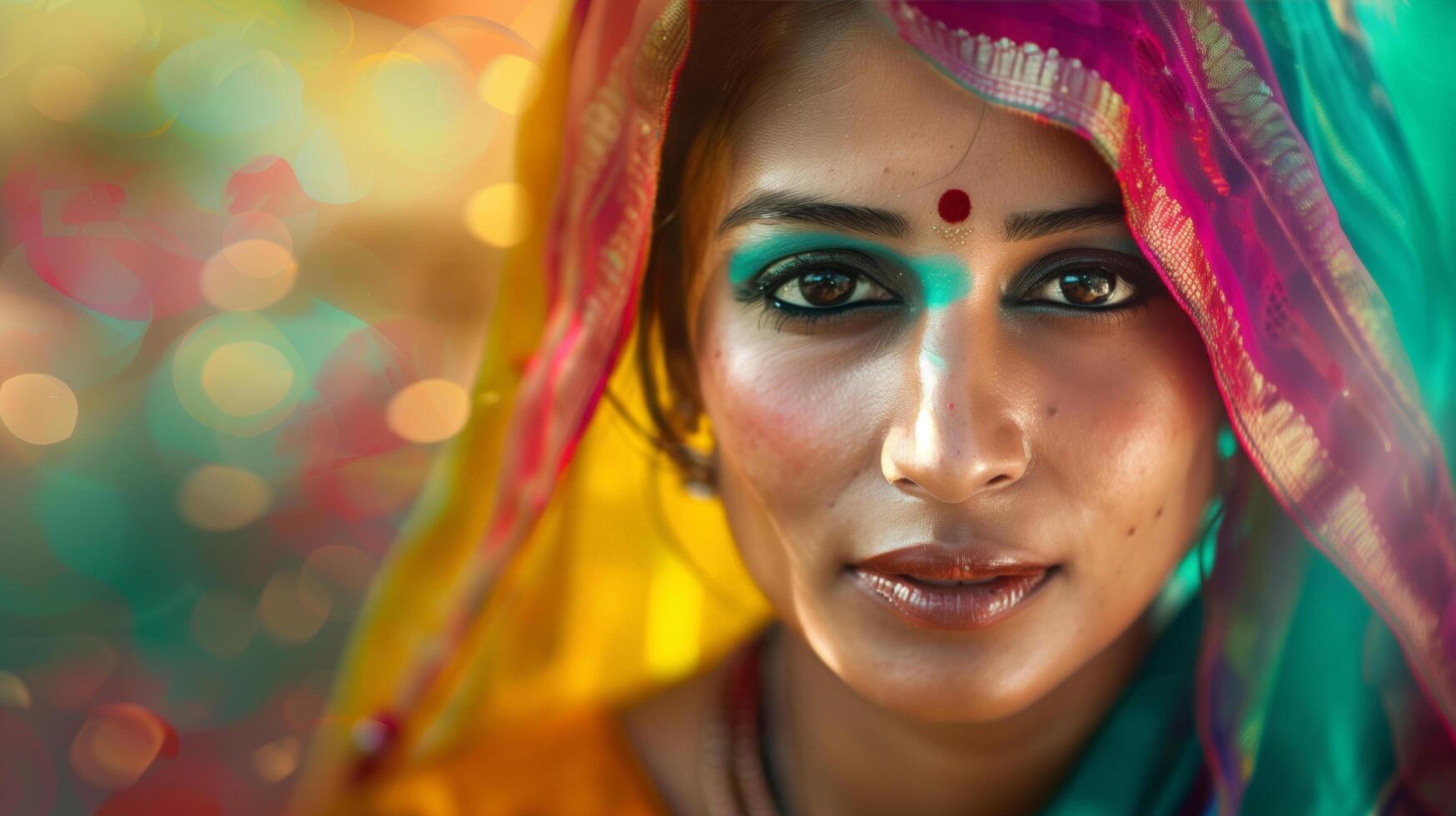 Vibrant Portrait of an Indian Woman in a Colorful Saree photo