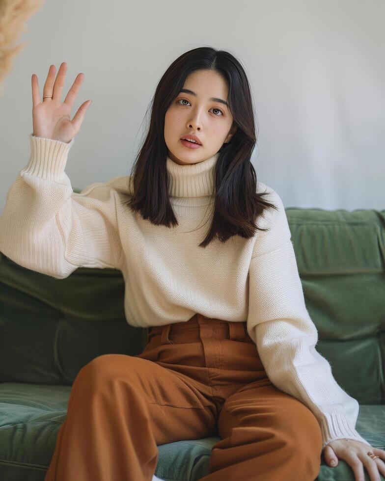 Casual portrait young Asian woman sitting on a green sofa, raising her hand in a relaxed gesture photo