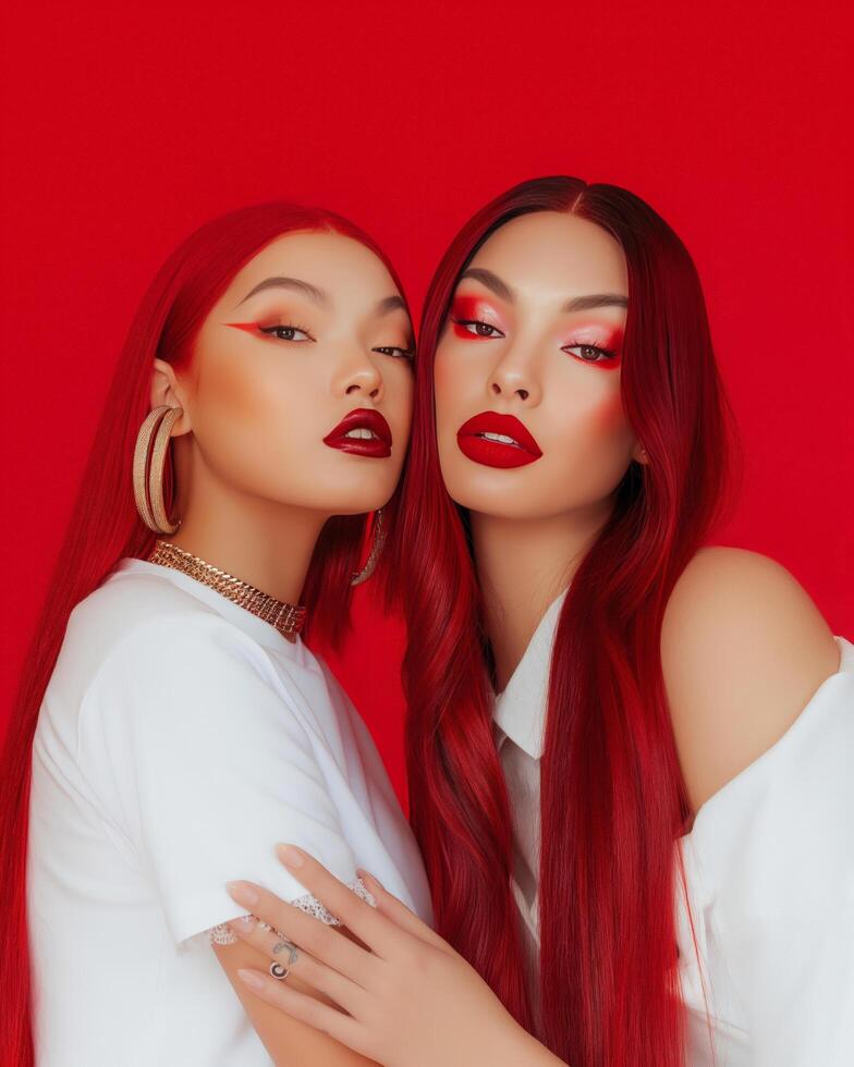 Two glamorous models with bold red lipstick and matching makeup photo