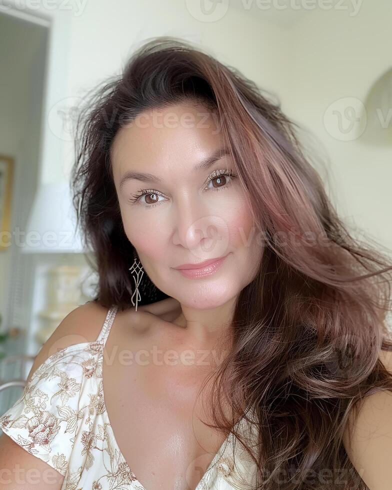 40 year old woman with long, wavy hair wearing a floral top, smiling at the camera in a well-lit indoor setting, Filipina woman photo