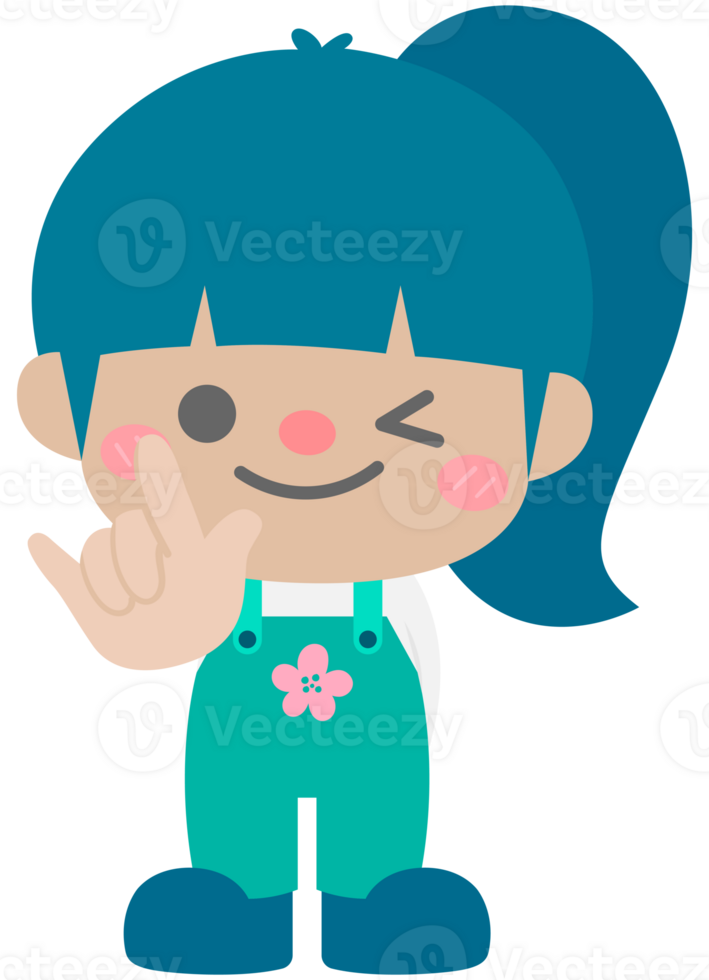 Cute ponytail girl showing hand sign I love you png