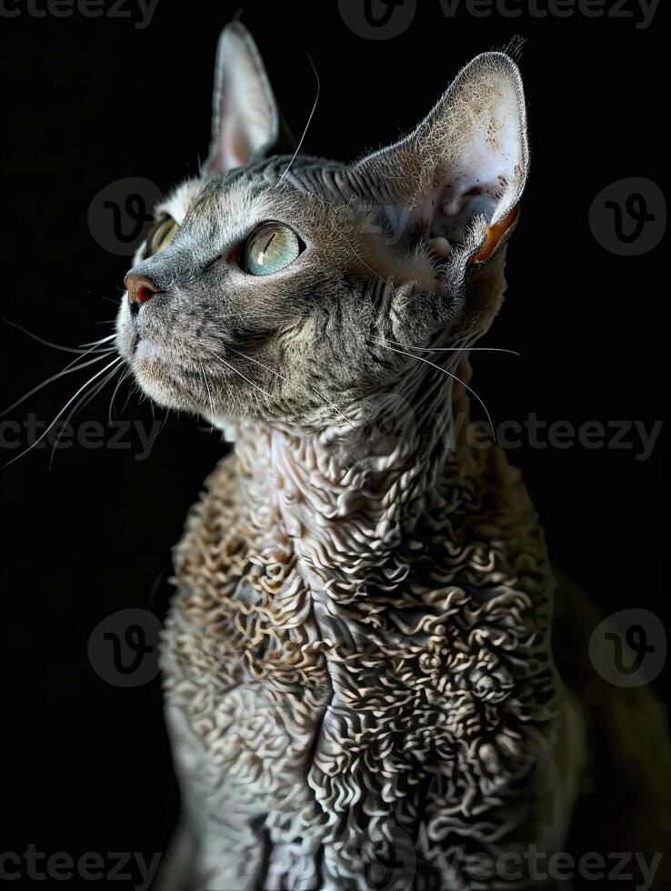 devon rex cat isolated on black background photo