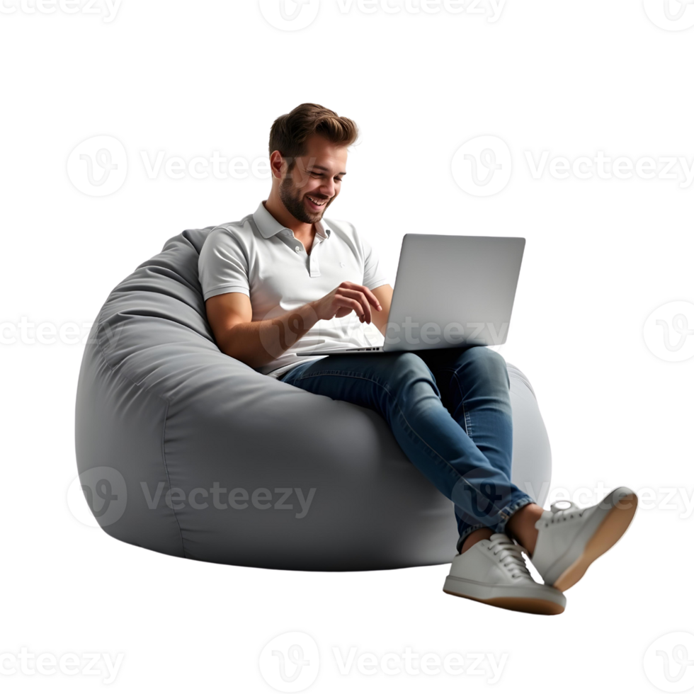 a man sitting on a grey bean bag chair using a laptop isolated on transparent background png