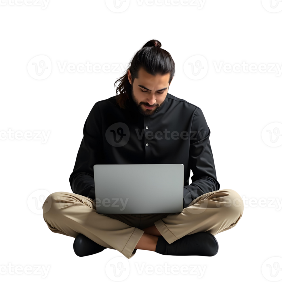 a man with long hair sitting on the floor using laptop png