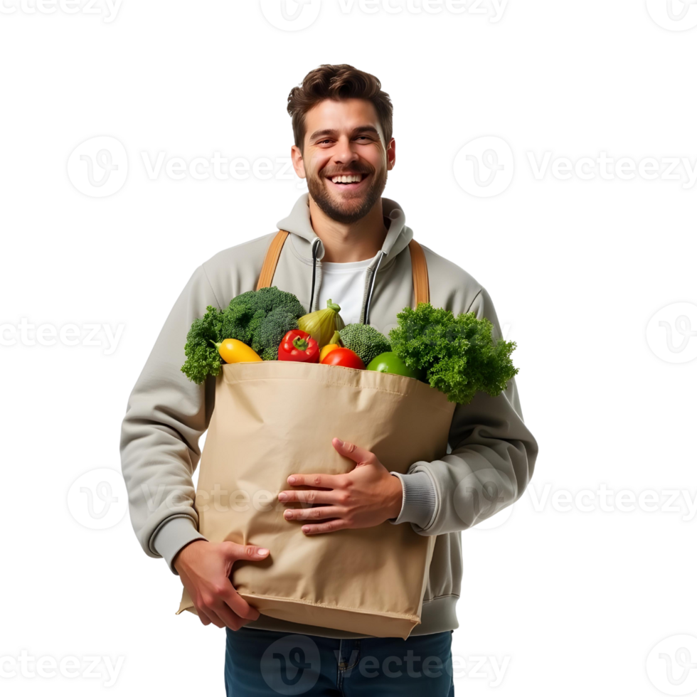 man holding a paper bag full of vegetables,, isolated on transparent background png