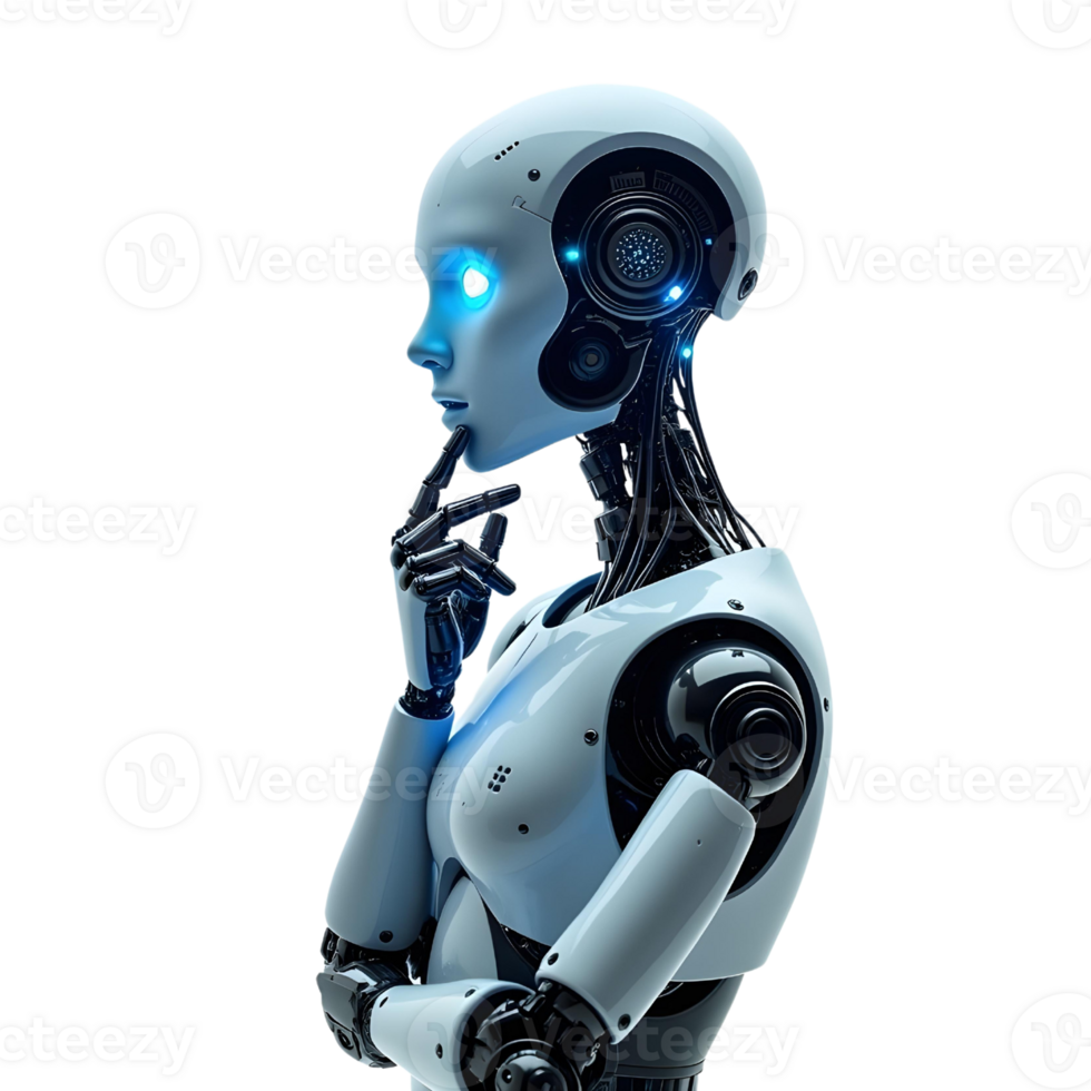 ai robot thinking, side view, isolated on transparent background png