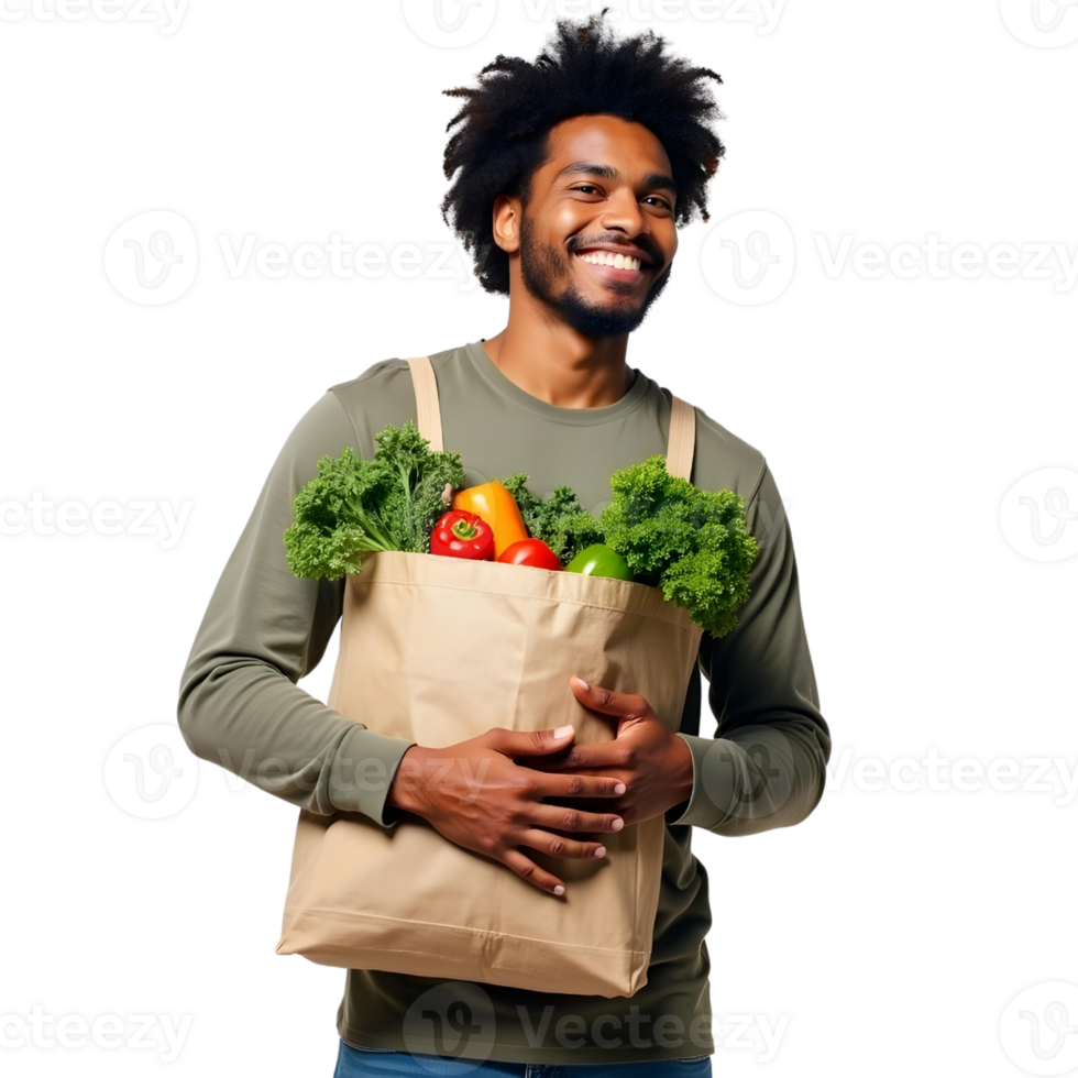 happy african american man holding a paper bag with vegetables, , isolated on transparent background png