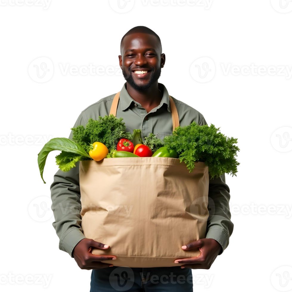 smiling african american man holding a bag full of vegetables, , isolated on transparent background png