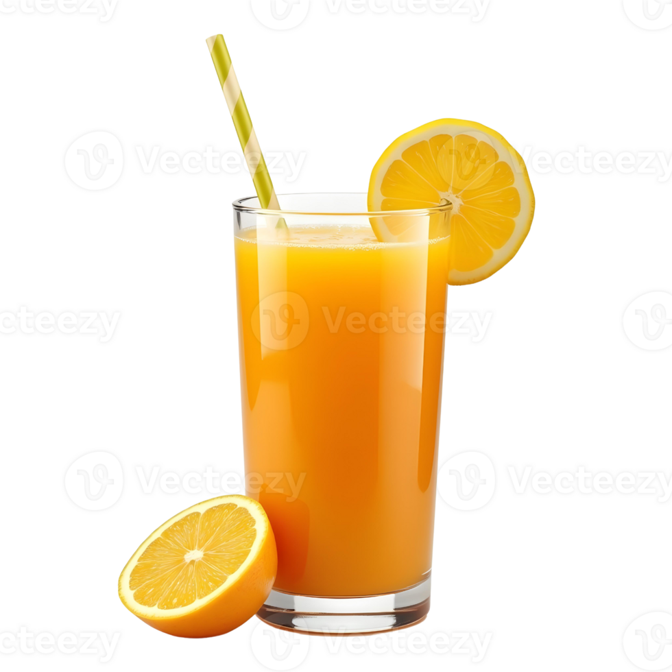 orange juice with straw and slice of orange on transparent background png