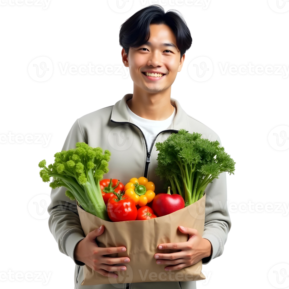 asian man holding paper bag full of vegetables png