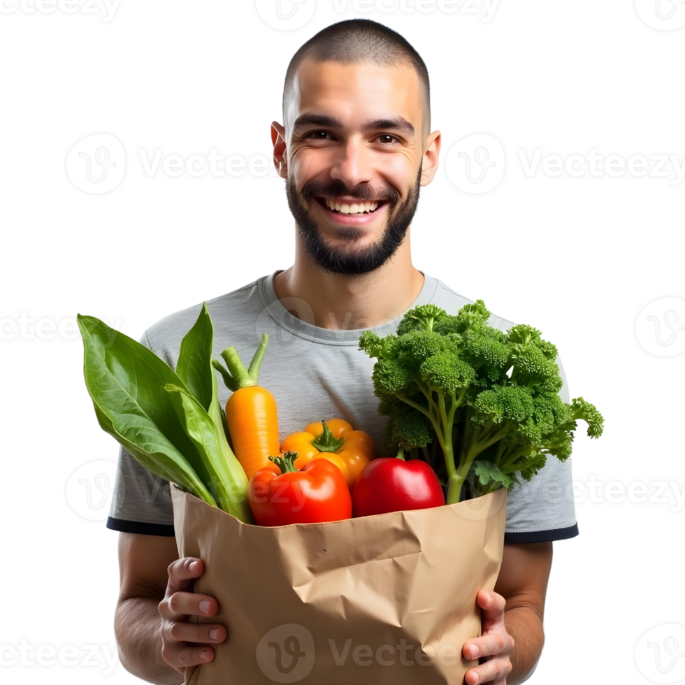 man holding paper bag with vegetables and fruits, , isolated on transparent background png