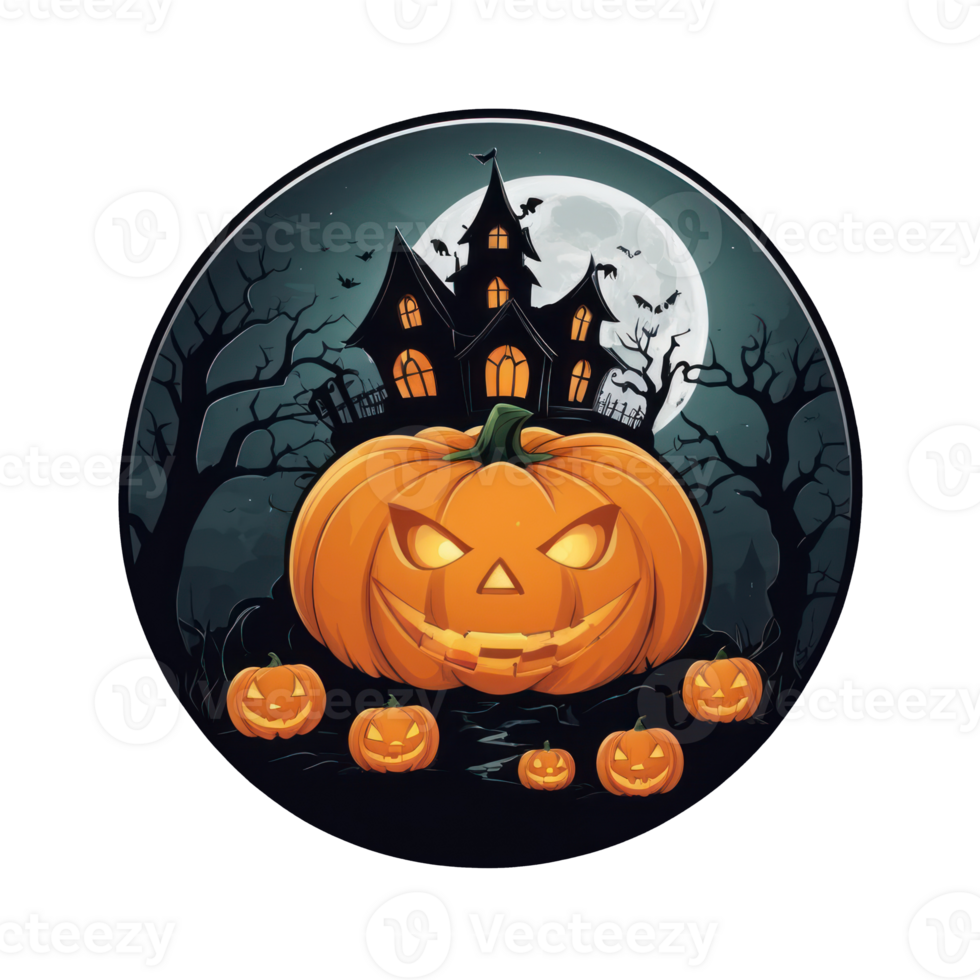 halloween pumpkin with house and moon on transparent background png