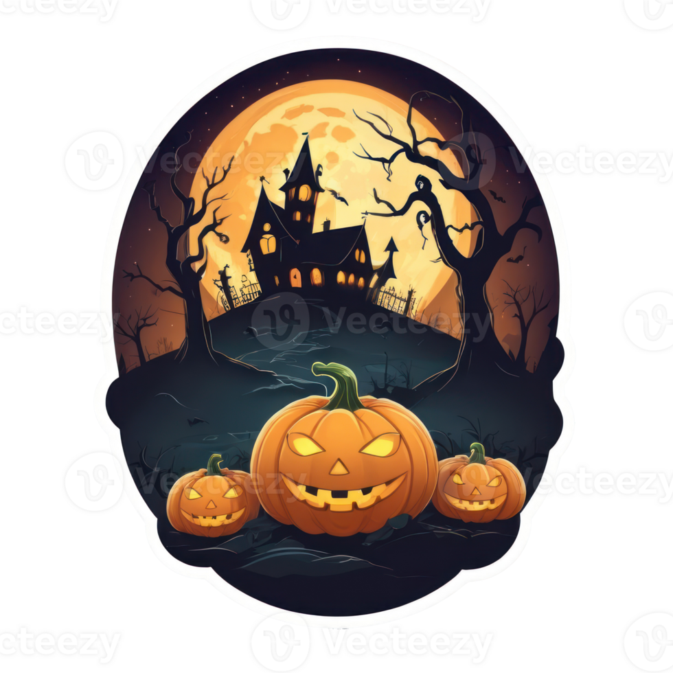 halloween pumpkin with castle and trees on a full moon background png