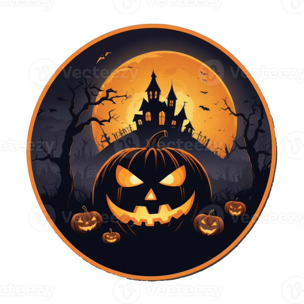 halloween pumpkin with castle and moon background png
