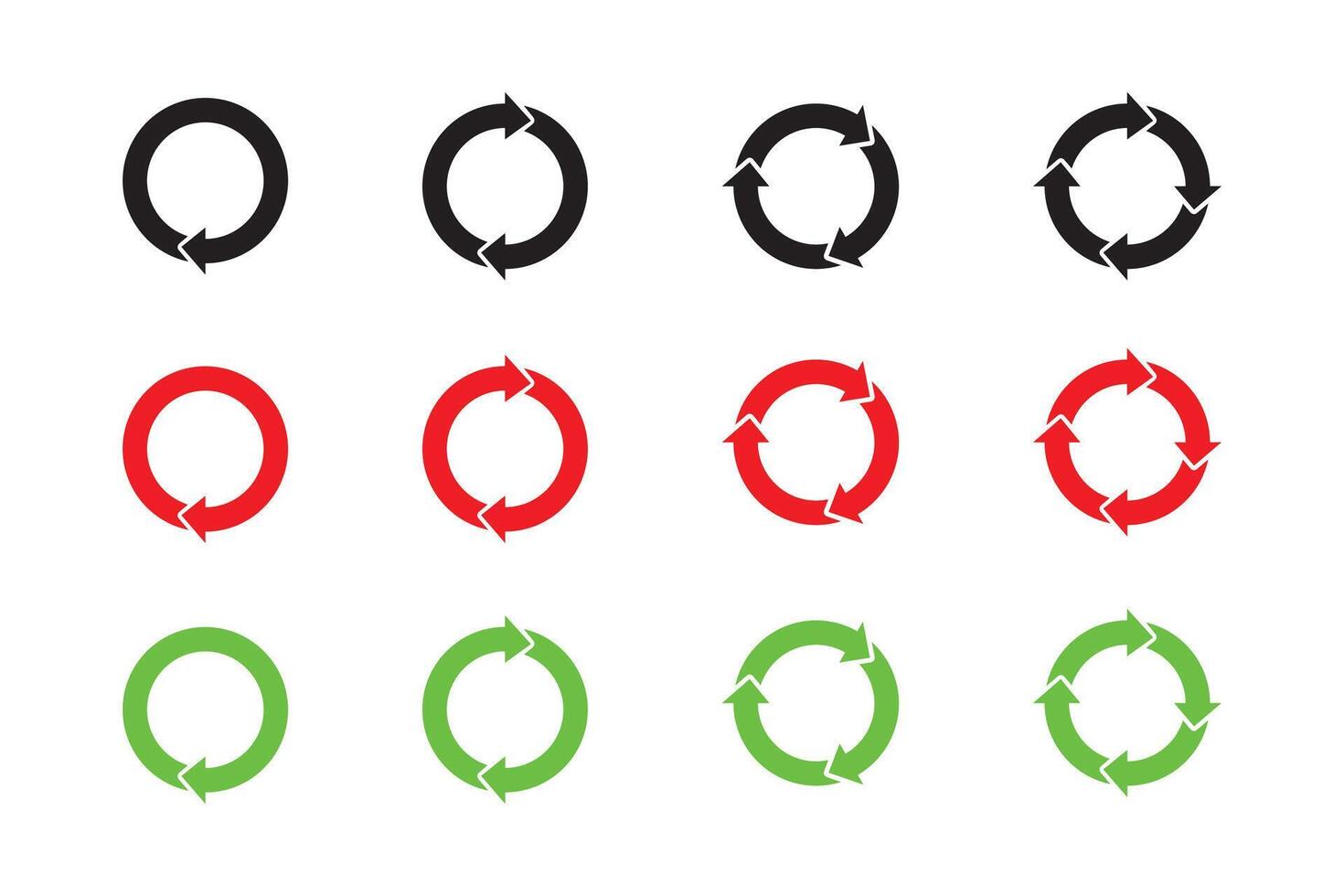 Circle arrow icon set. Symbol of reload, refresh, loading, recycle and repeat. Interconnecting round arrow icons set. Work in progress sign. One, two, three, four arrow in the loop. vector