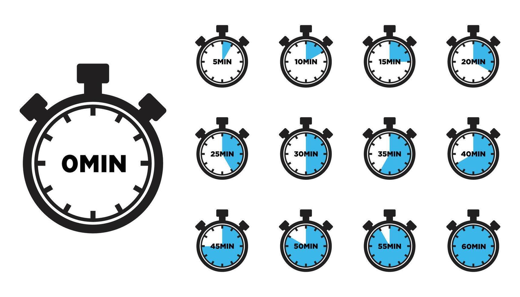 Set of icons Timer in minutes. Timer and stopwatch icons. Countdown timer collection. Clock arrows. vector