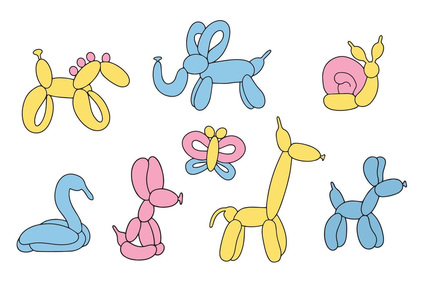 Set of colorful balloons. Colorful drawing of inflatable toys made of twisted balloons. Design element for greeting card, invitation card, print, flyer, banner. vector