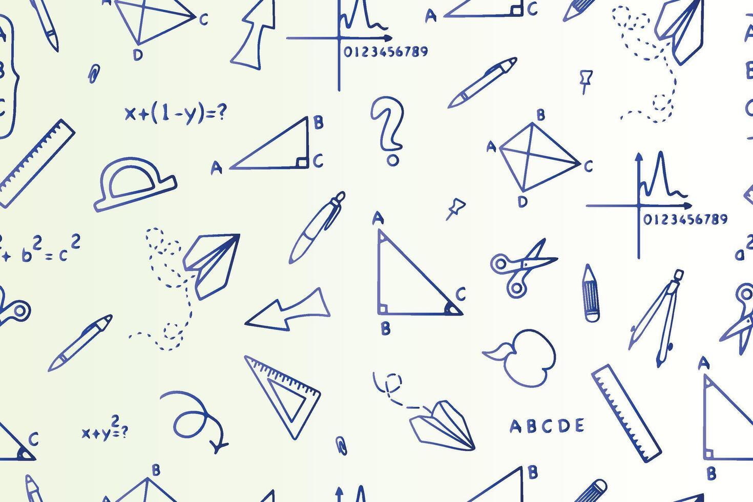 Back to school pencil doodles seamless pattern with school supplies, equations and geometric shapes in doodle style. vector