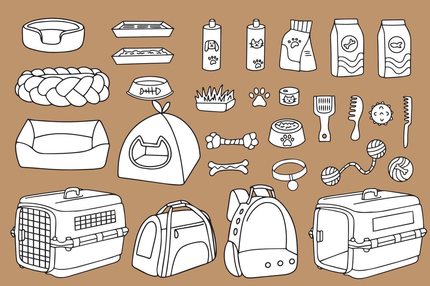 Pet shop icon set, pet care products, pet accessories, collars, bowls, leashes, toys, food. vector