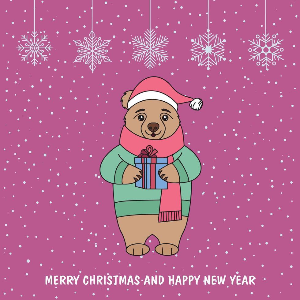 New Year card. A cute bear in a New Year's sweater with a gift in its paws. Christmas card. vector