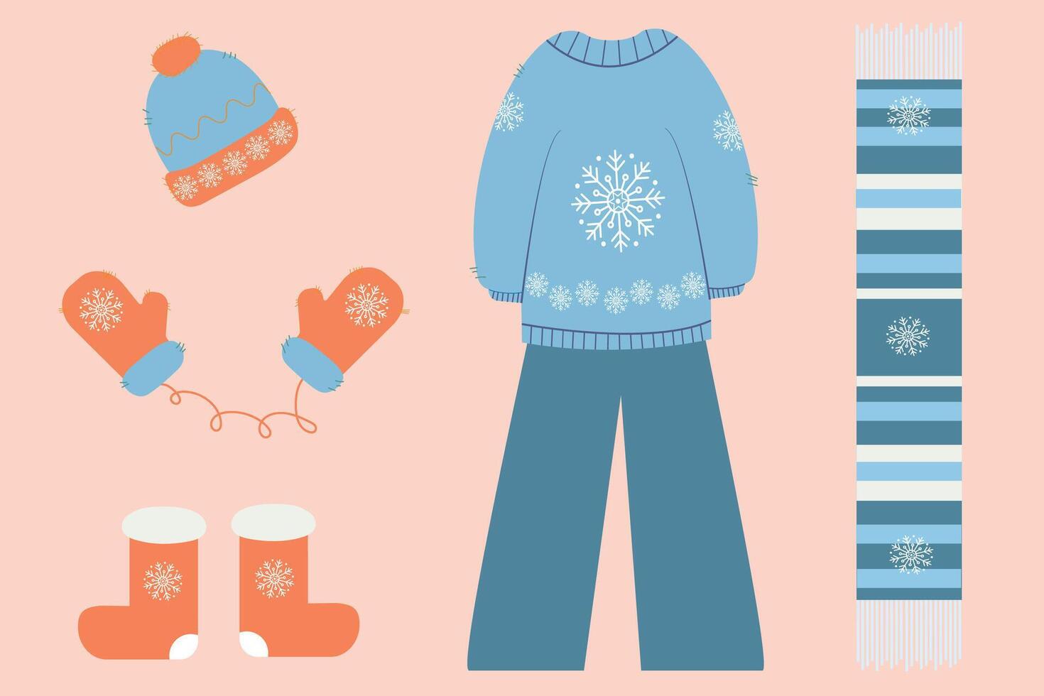 set of winter clothes. Sweaters, socks, hat, , scarf, jacket with boots. Set of winter clothes and accessories. vector