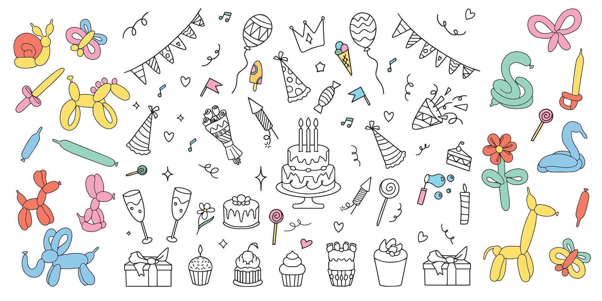 Set of Happy Birthday doodle elements isolated on white background. illustration. illustration vector