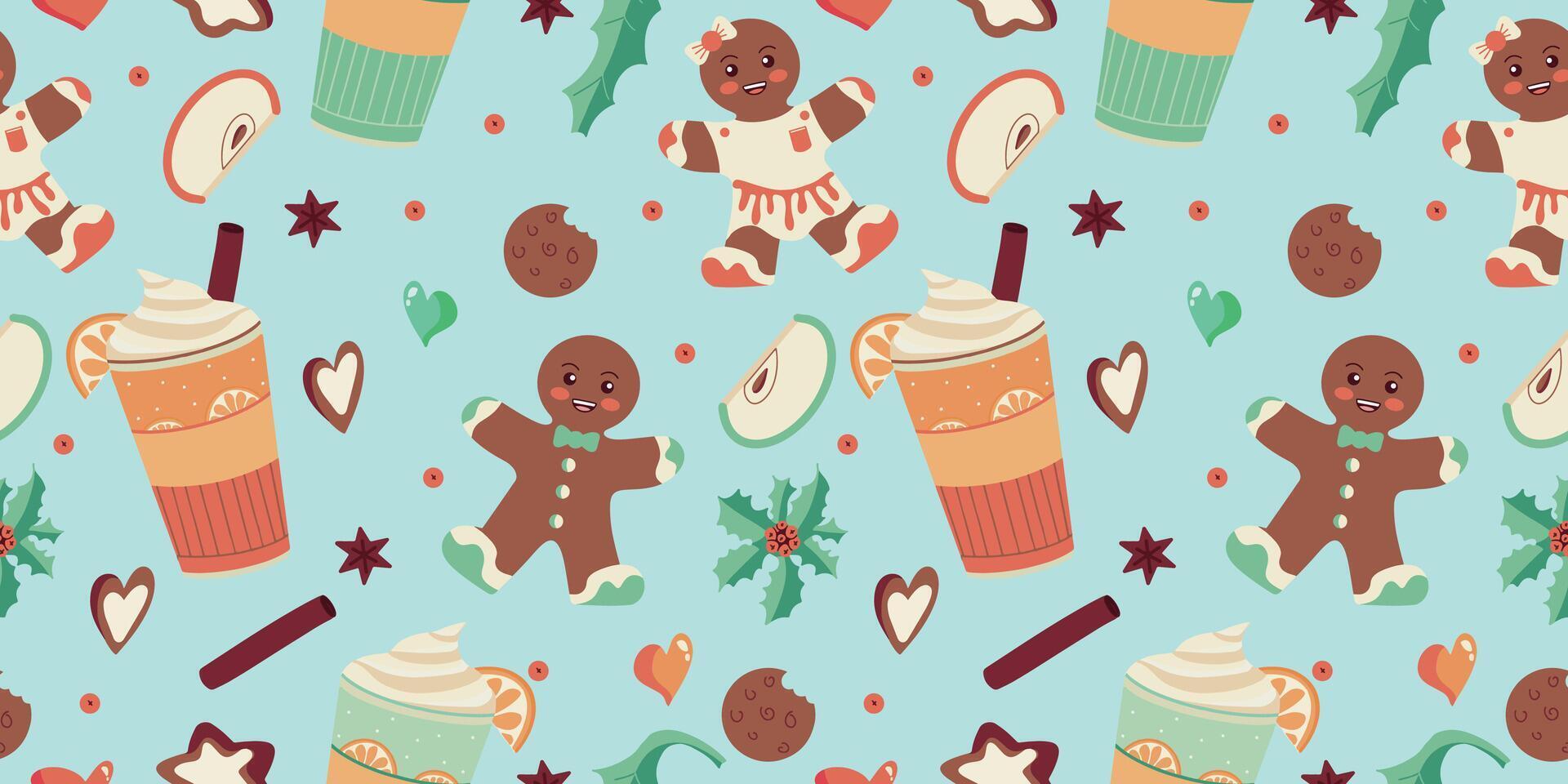 Seamless ornament with winter treats - gingerbread, warming drinks, spices. Hand drawn Christmas and New Year elements for designer wrapping paper. illustration. vector