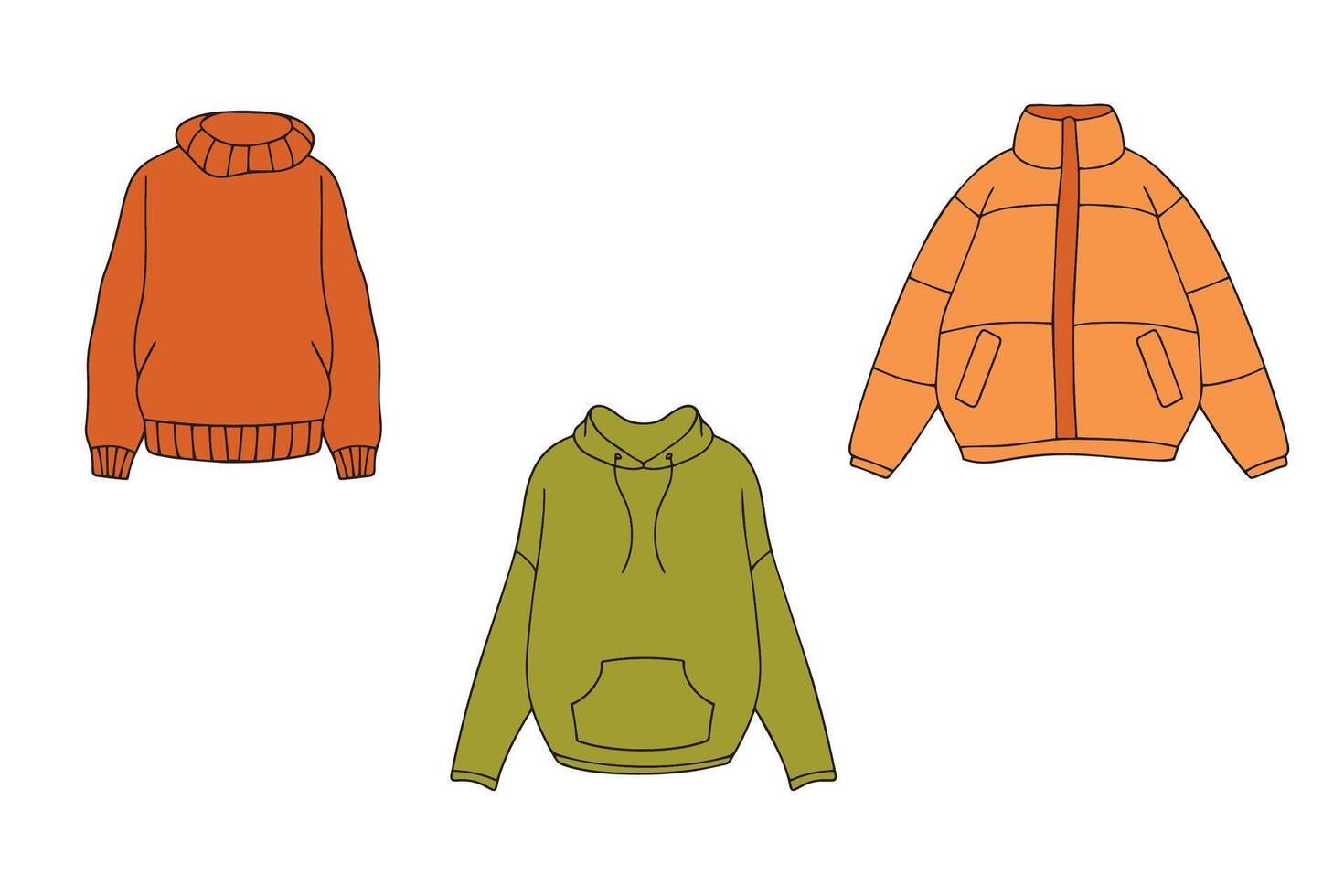 set of winter clothes. Sweater, hoodie, jacket in doodle style. illustration vector