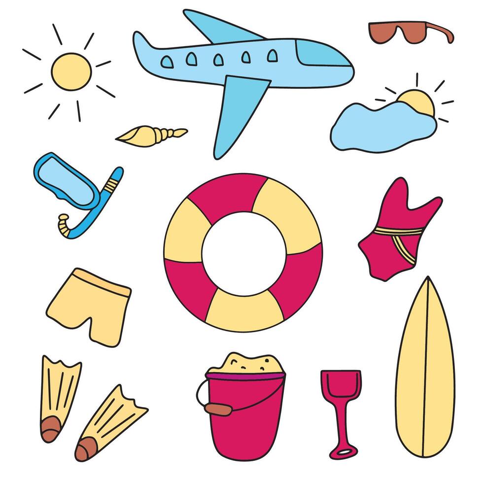A set for a summer trip, hand-drawn in doodles. Flat illustrations on a white background. vector
