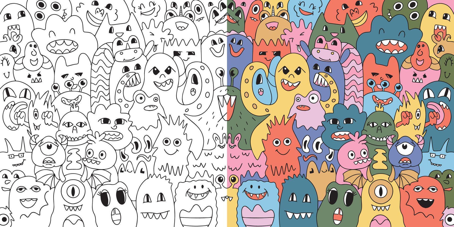 Funny big coloring poster in doodle style. Big coloring and colorful illustration with monsters. vector