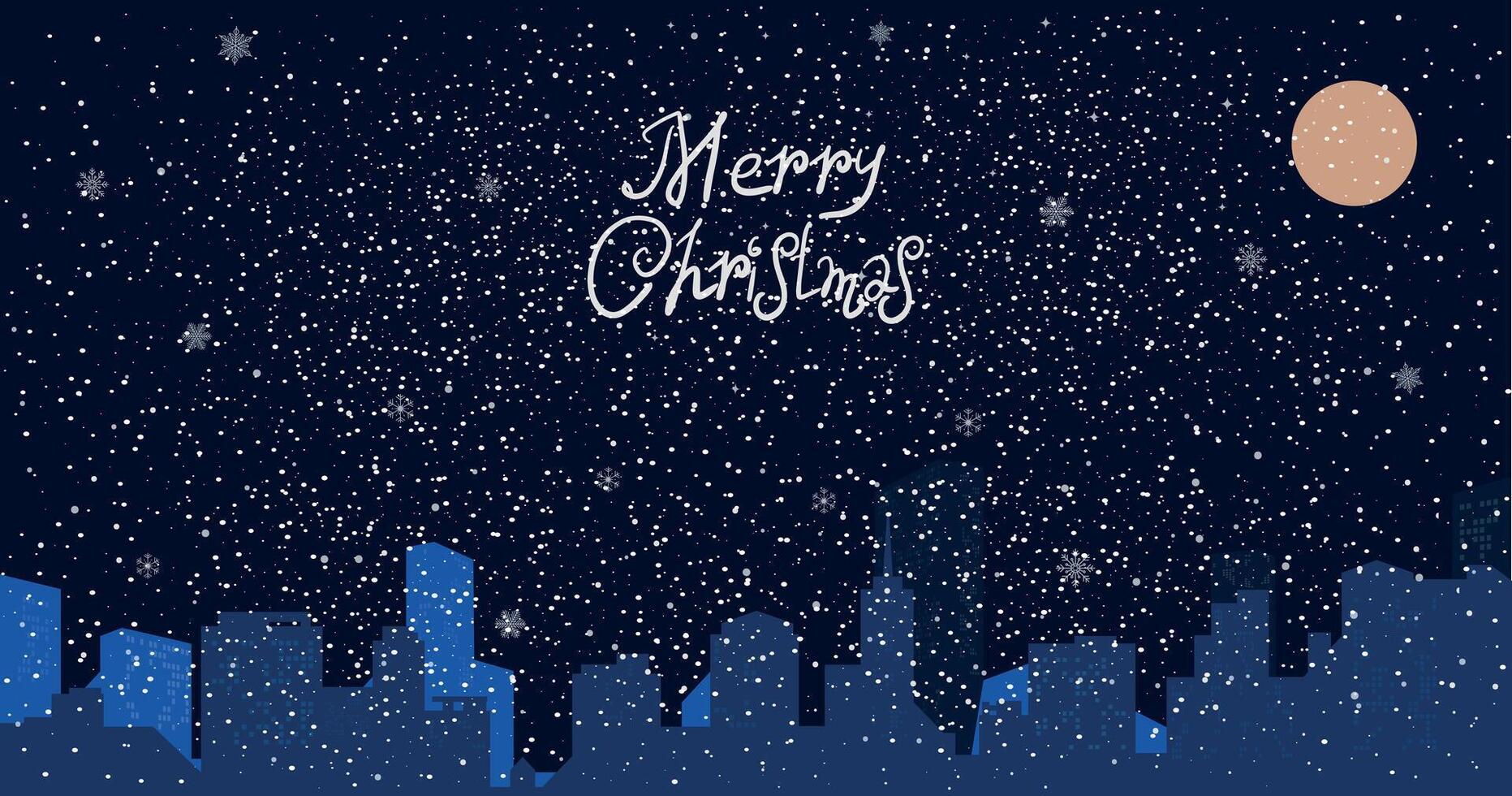 Winter city scene with falling snow, snowflakes, Christmas greeting card, New Year 2025 background. Design for postcard, calendar, web banner. vector