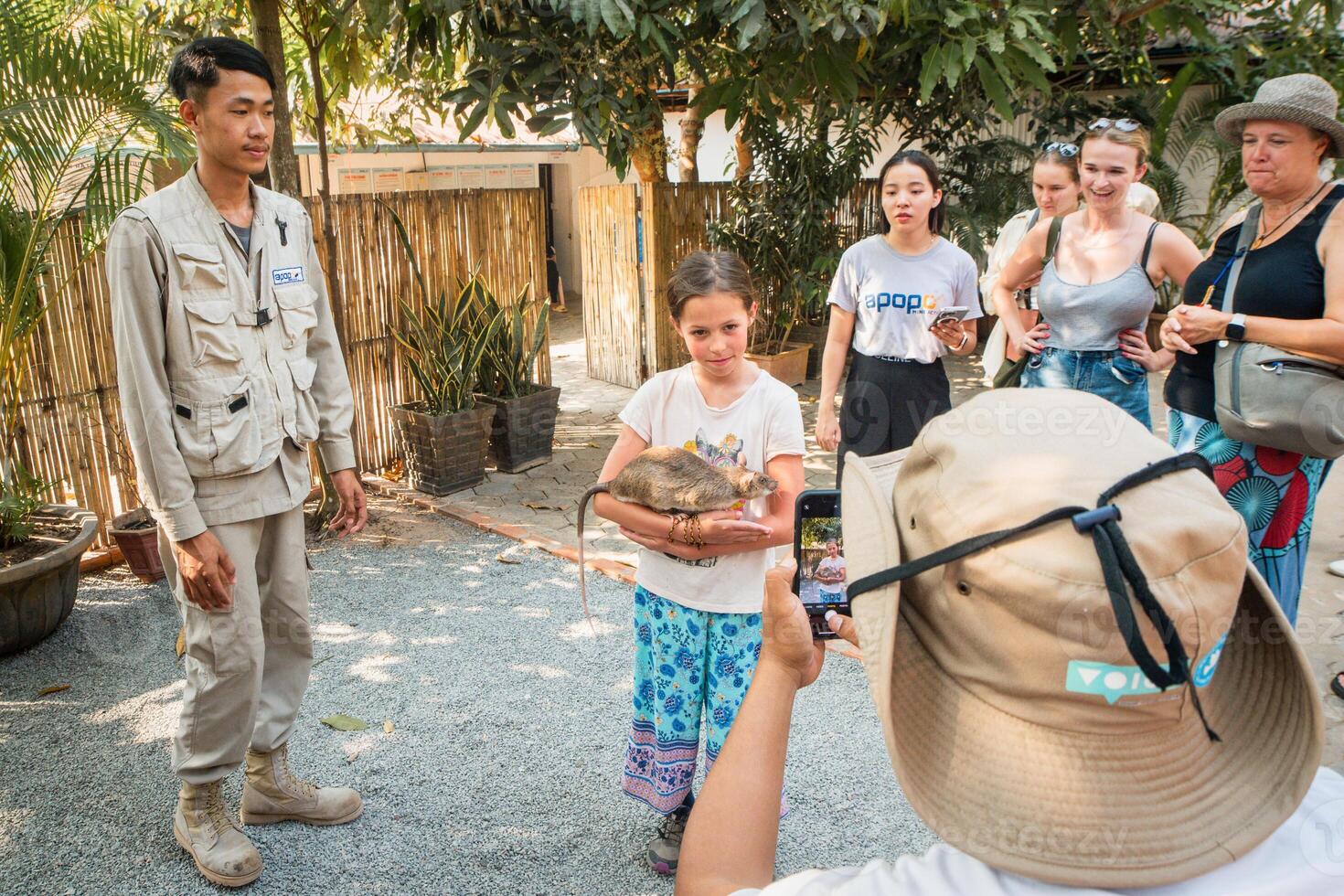 Siem Ream, Cambodia - 21 february, 2023- tourist pose hold in hands African giant pouched rat.HeroRats excursion in APOPO Visitor Center. Humanitarian demining. APOPO's Landmine Rats show photo