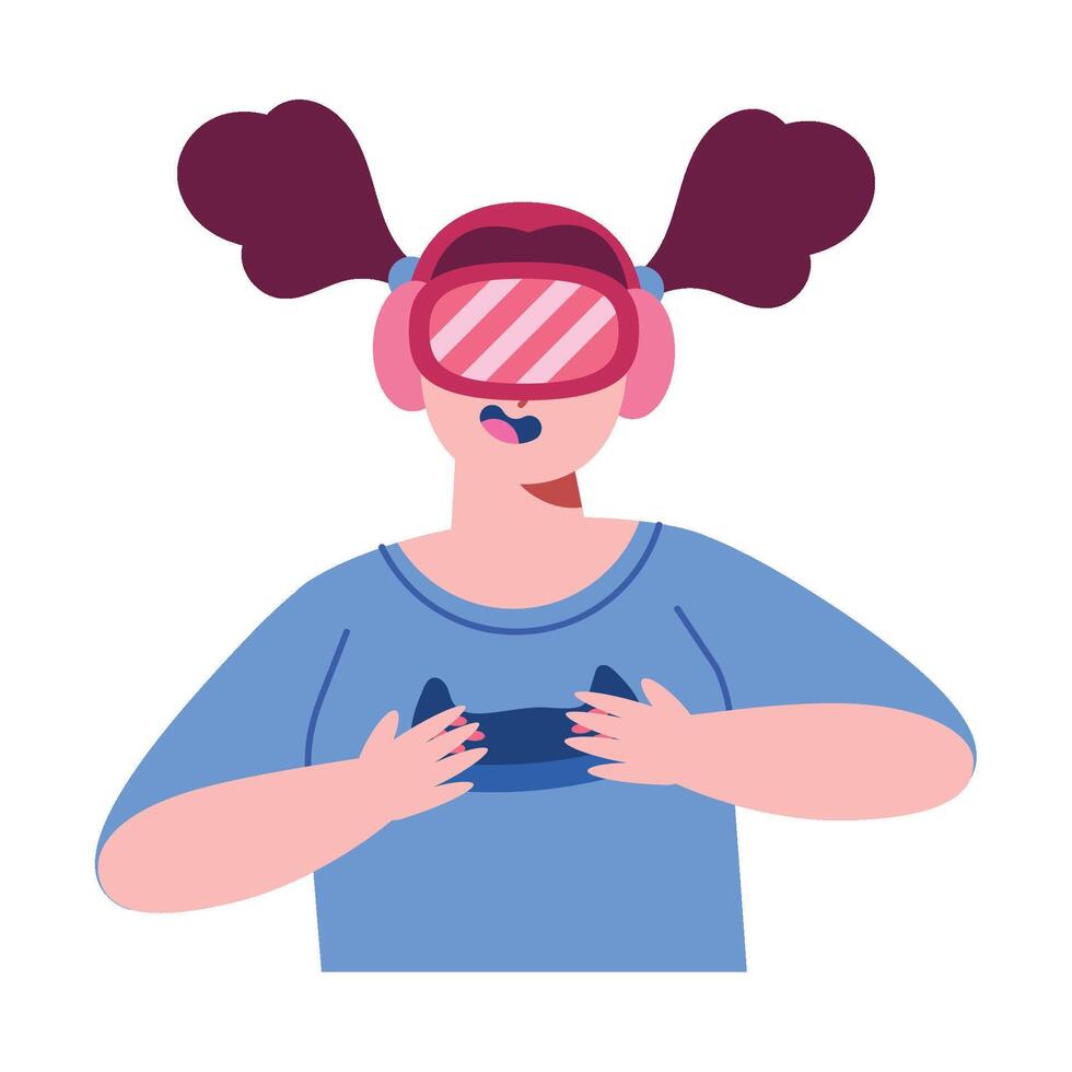A woman wearing virtual reality glasses and holding a controller vector