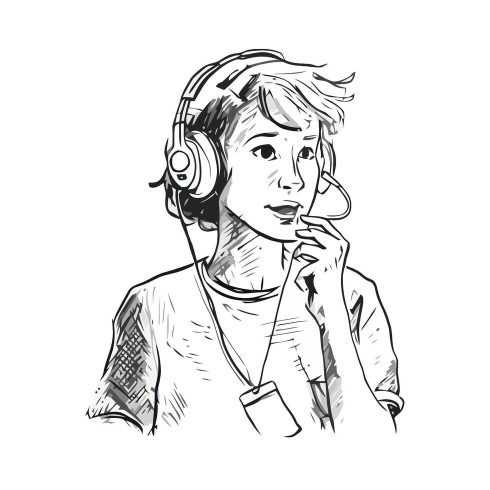 A drawing of a woman with headphones on vector