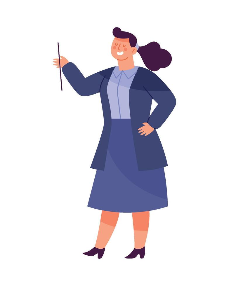 A woman in a blue dress holding a pointer vector