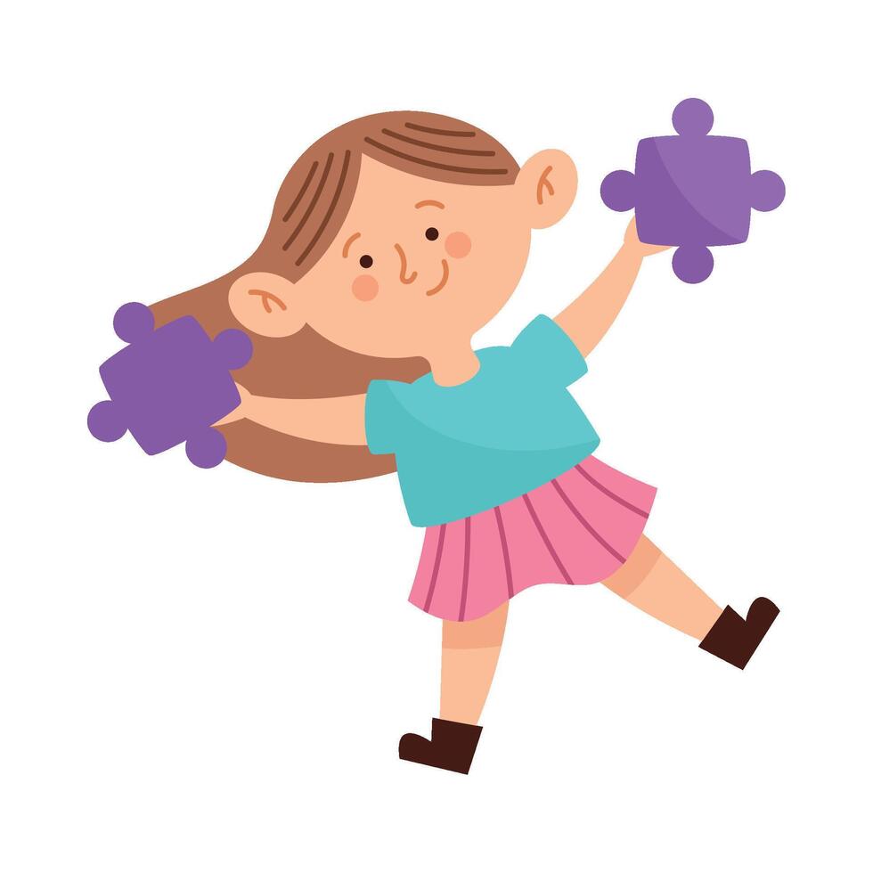A girl is jumping with two pieces of puzzle vector