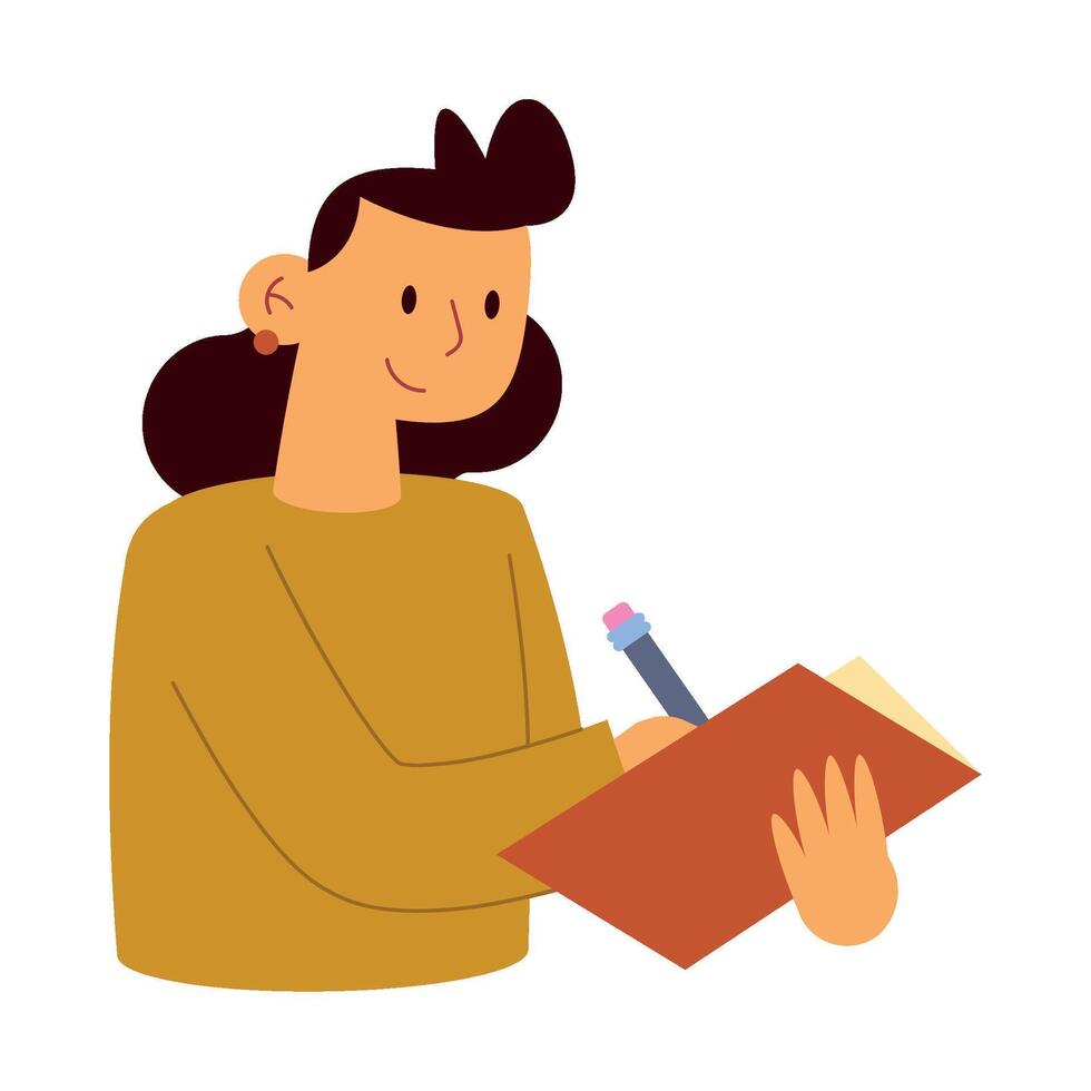 A woman holding a pen and writing in a notebook vector