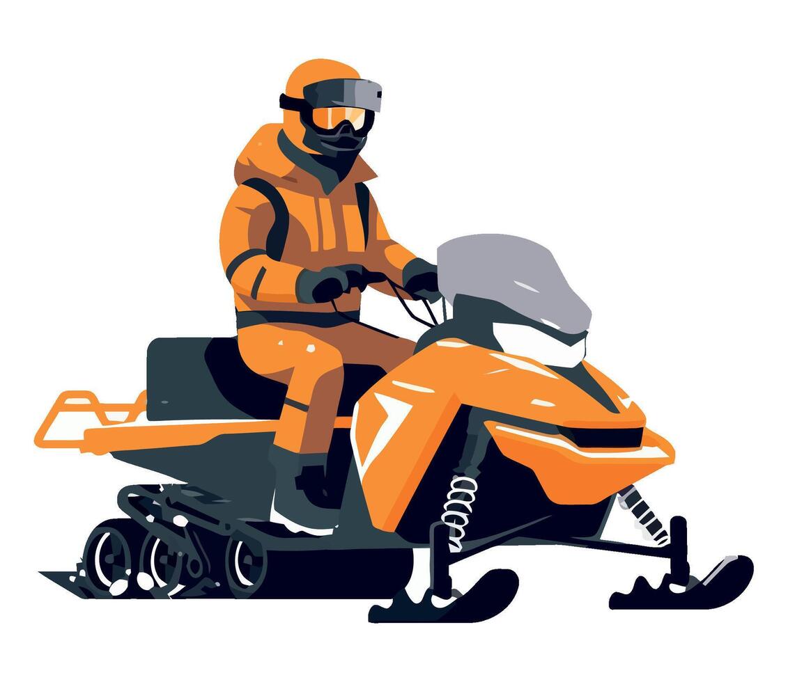 Snowmobile rider in orange outfit on snowmobile illustration vector