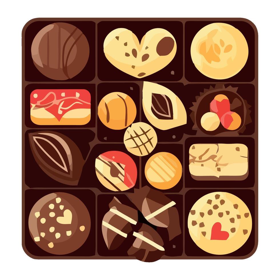 A chocolate box with various types of chocolates vector