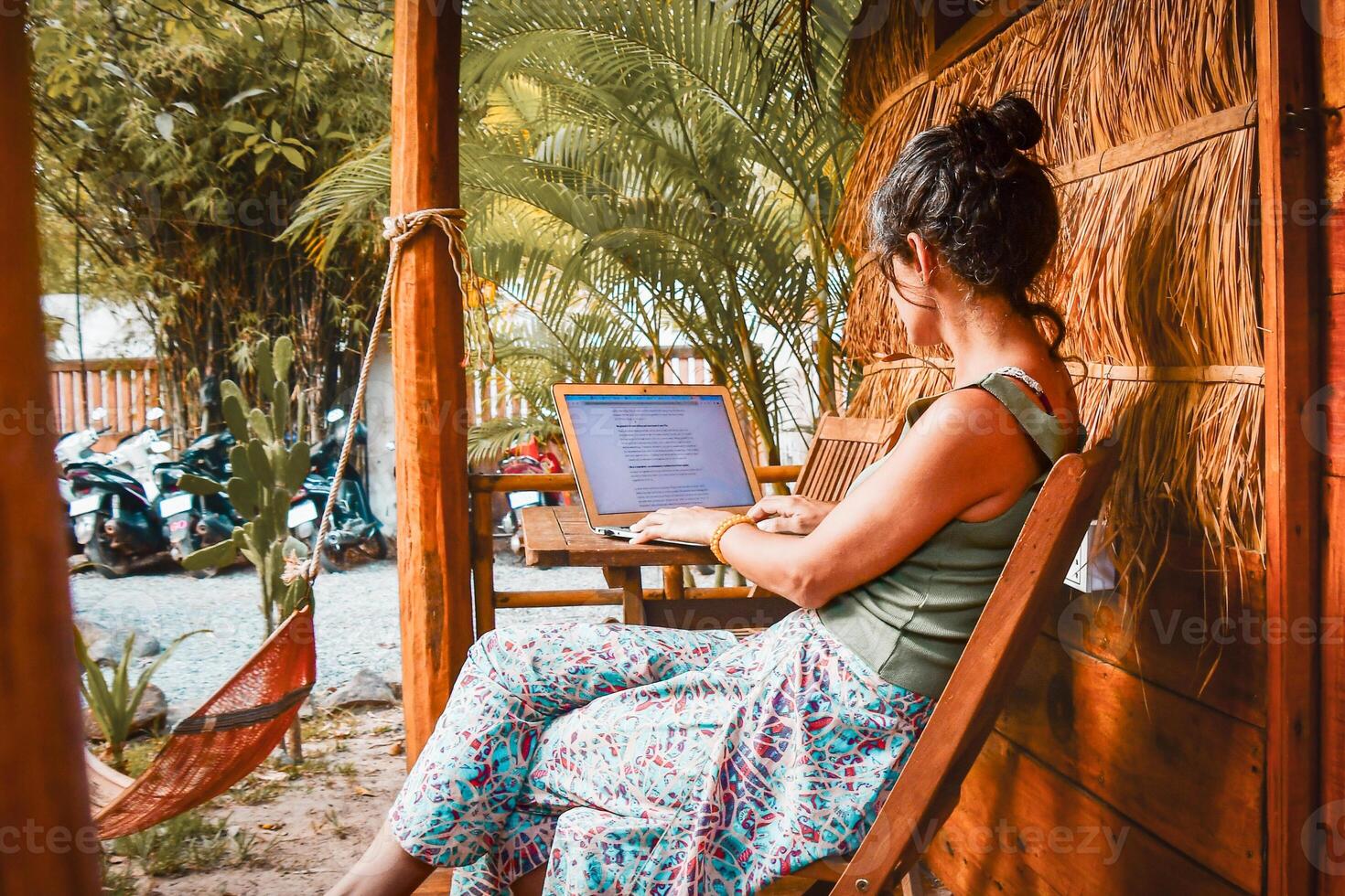 Close up young caucasian hipster woman sit use computer read news media articles, write travel blog or browse internet search or work online while traveling in southeast asia tropical islands photo