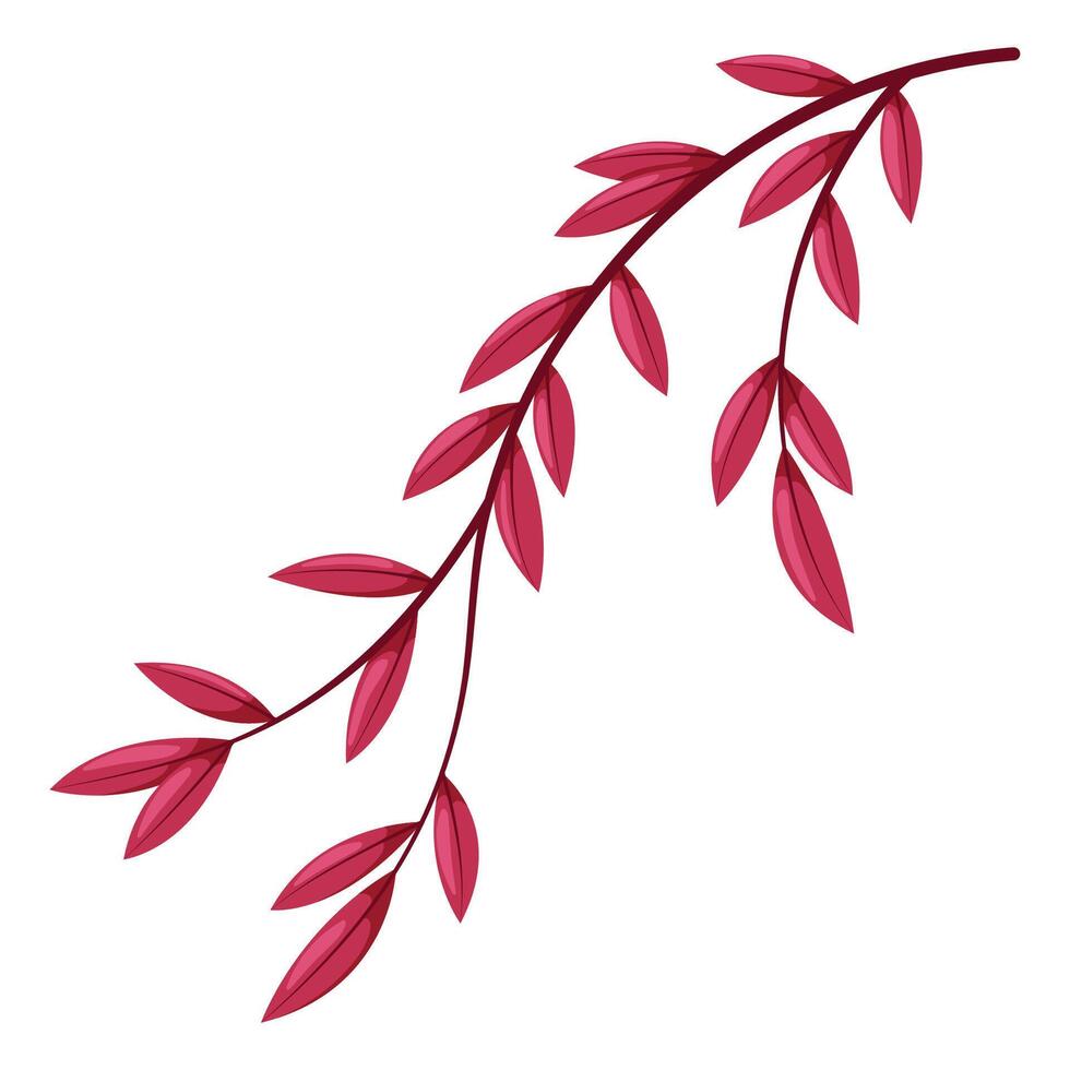 Red willow twig with leaves. Cartoon flat illustration vector