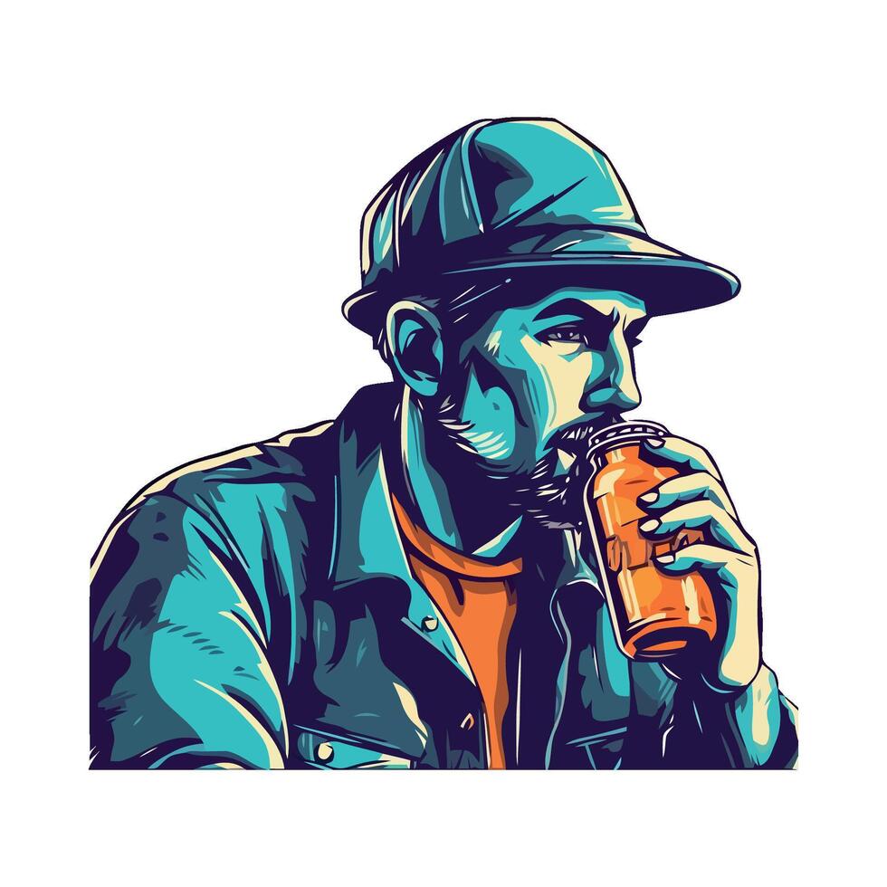 A man in a hat drinking a beer vector