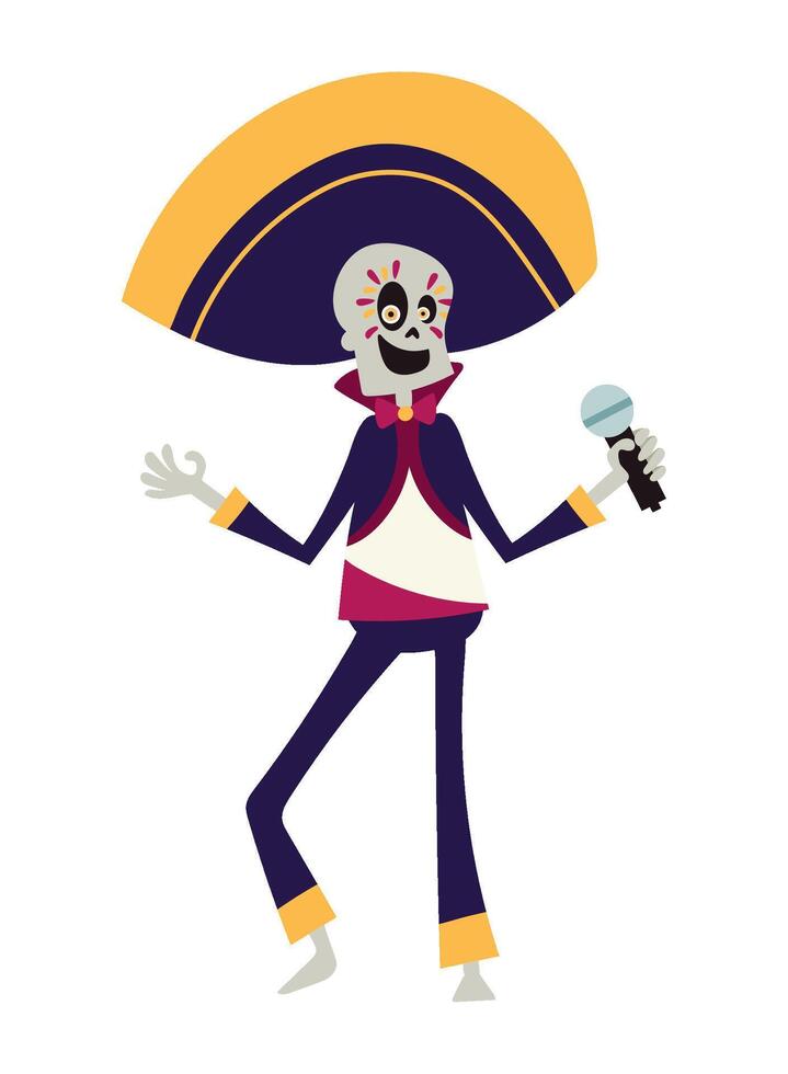A cartoon skeleton in a sombreno holding a microphone vector