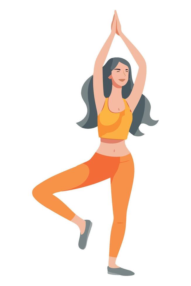 A woman in orange pants and a yellow top is doing yoga vector