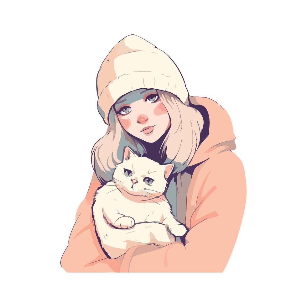 A girl in a winter hat holding a cat vector